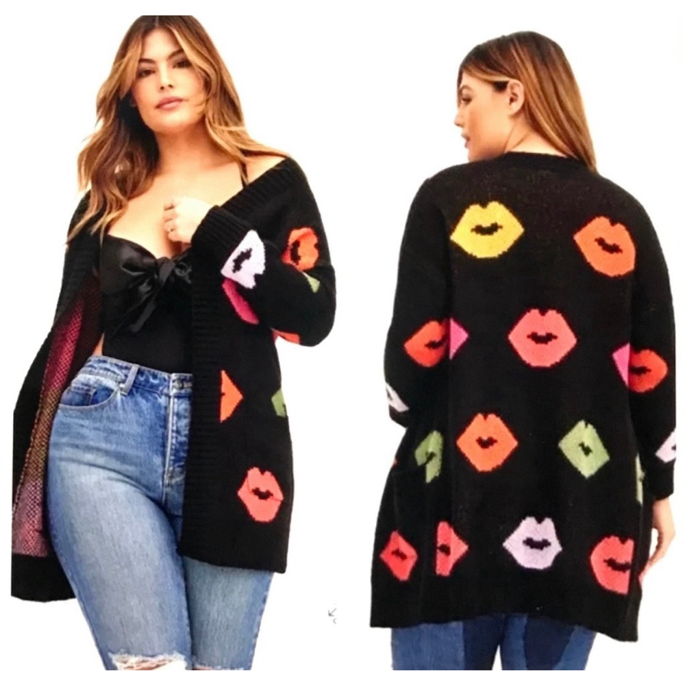 TORRID Black Multi-color Lip Print Cardigan Plus Size 0X